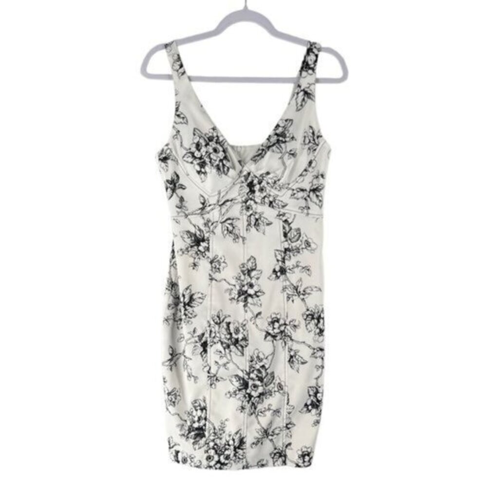 David Meister Satin Floral Print V-Neck‎ Dress